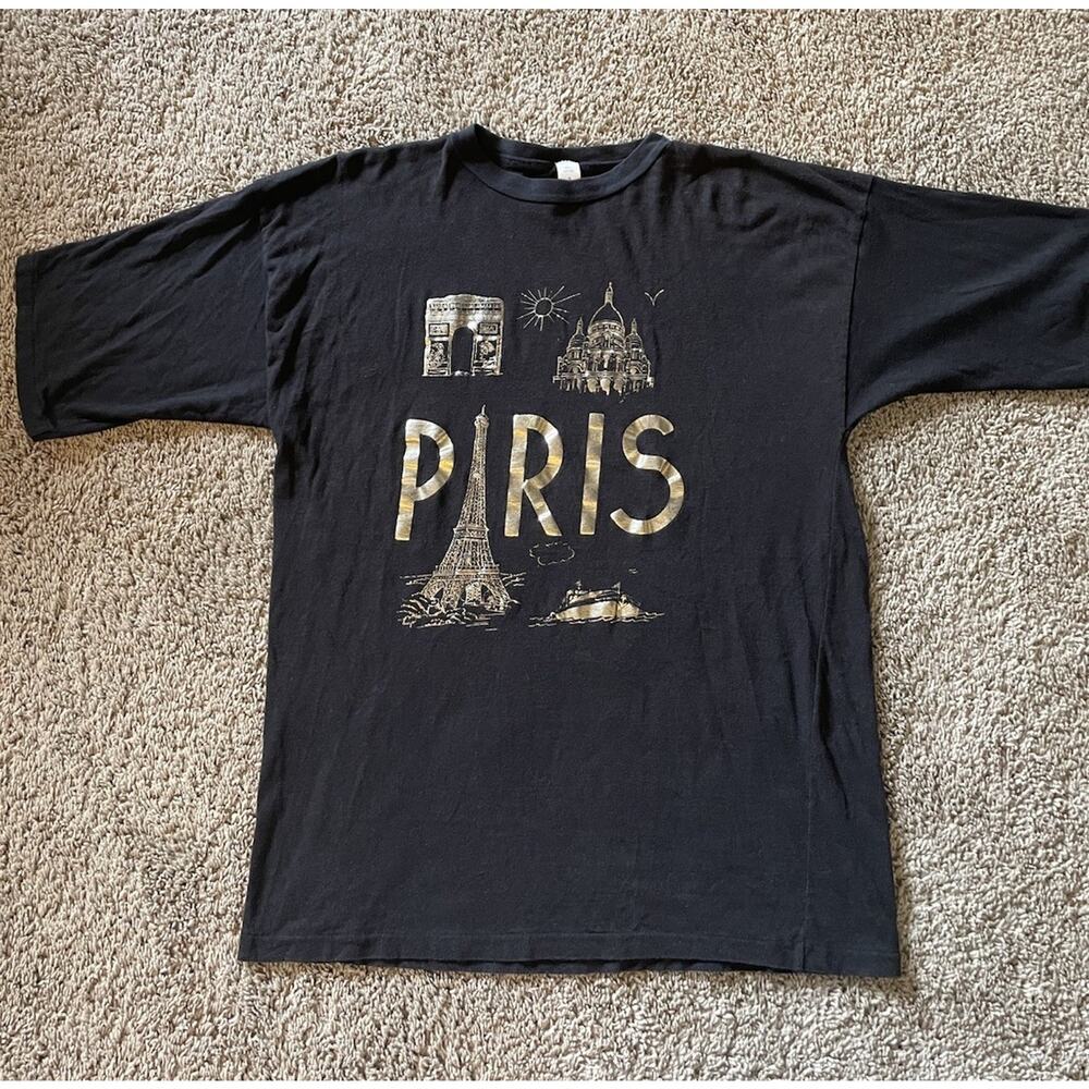 Vtg 80s Paris France Retro Gold Pop Art Black T-Shirt Sz 3 or XL Tourist Attract